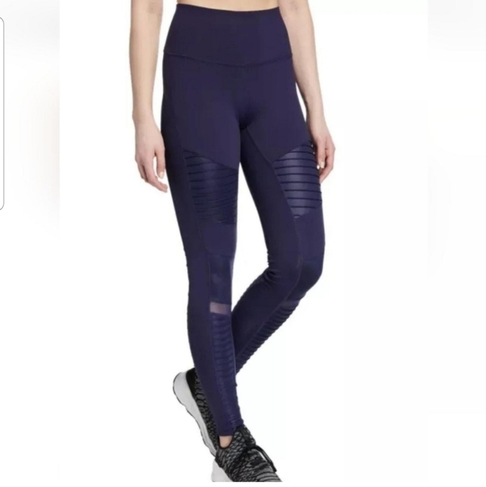 Alo Yoga High Waist Moto Leggings Navy Blue Mesh Panels Size S